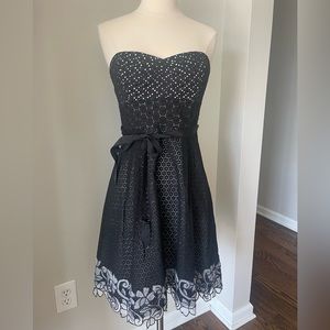 NWT BCBG floral lace fit flare eyelet black strapless dress 4